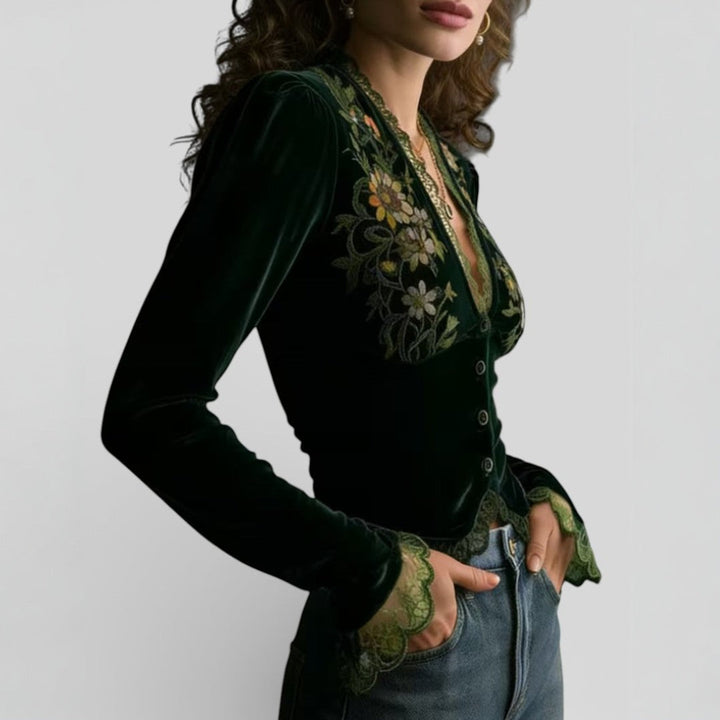 Isabel™ | Virágmintás bársony blúz