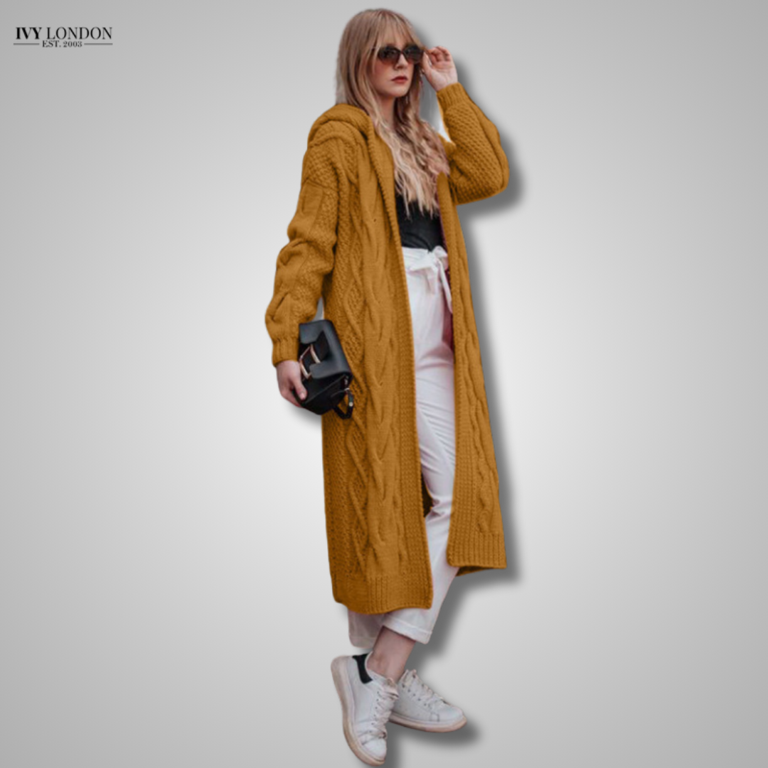 Zita | Luxus kapucnis hosszú laza kábelt kötött kardigán haspótlóval