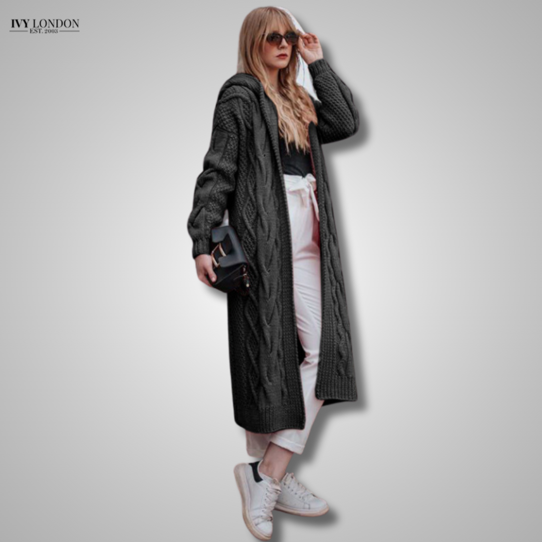 Zita | Luxus kapucnis hosszú laza kábelt kötött kardigán haspótlóval