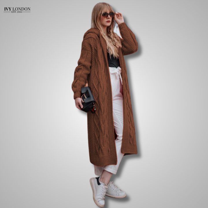 Zita | Luxus kapucnis hosszú laza kábelt kötött kardigán haspótlóval