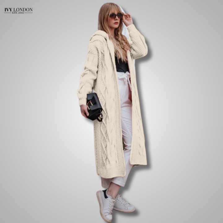 Zita | Luxus kapucnis hosszú laza kábelt kötött kardigán haspótlóval